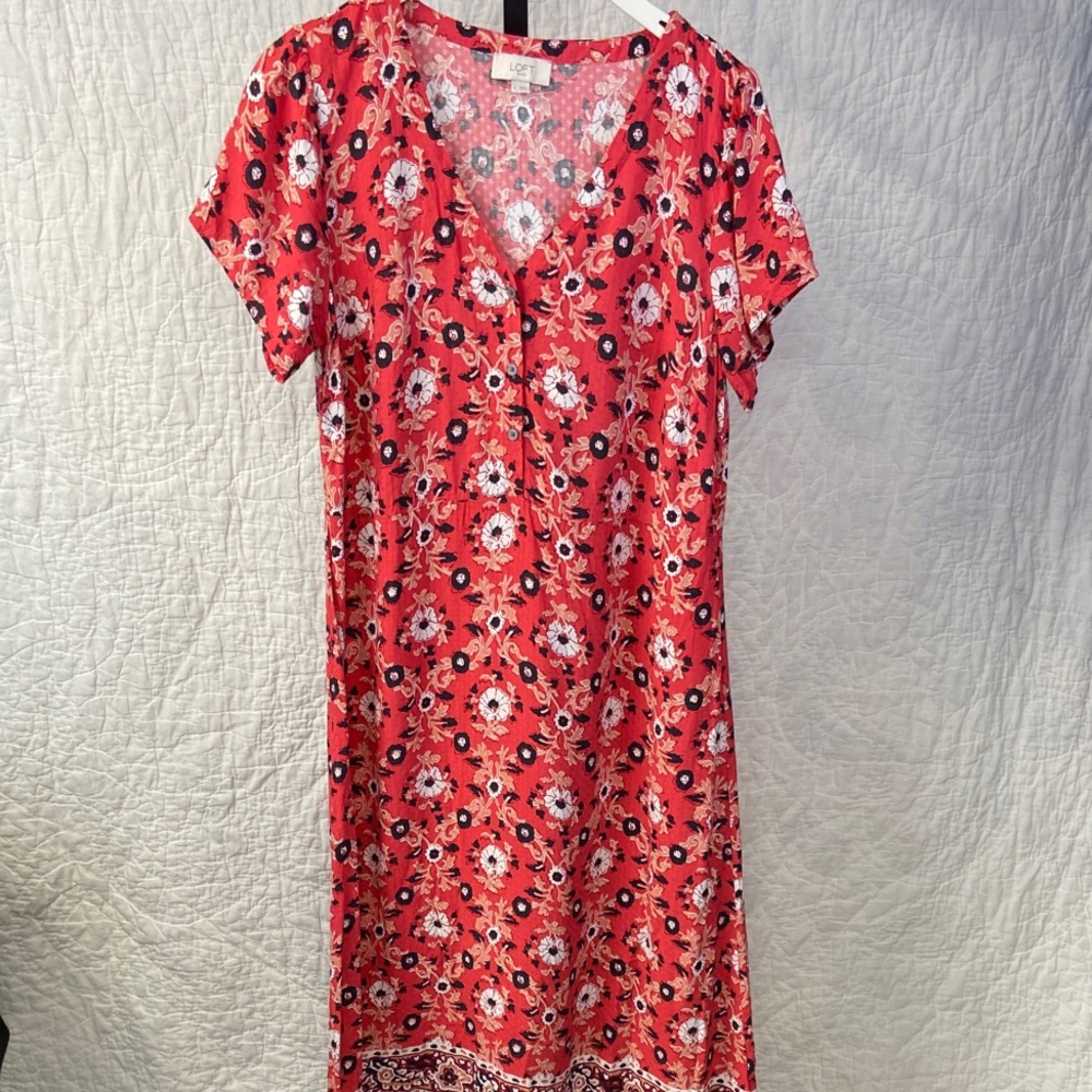 Loft Floral Short Sleeve A-Line Midi Red Dress size 6